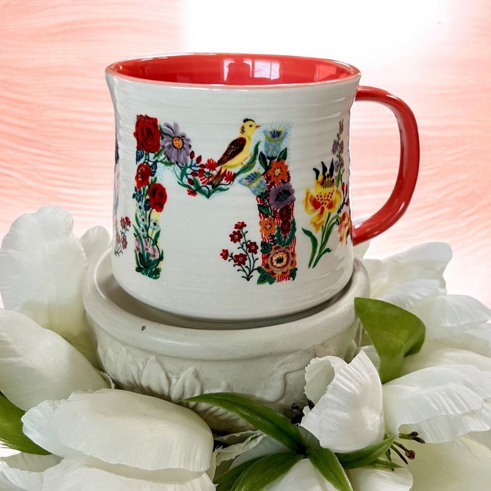 Nathalie Lete Anthropologie MOM Mug Floral Bird Butterfly Boho Coral Red White